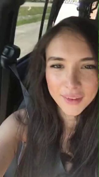 Horny French Snapchat brunette playing with pink pussy in car on the road