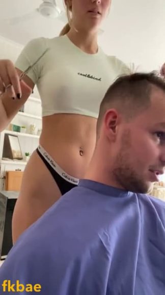 Sexy young hair dresser offers her customer good blowjob and fuck