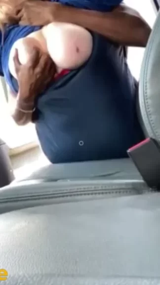 Fat white MILF in blue t-shirt gets spooned from behind by black guy next door, heavy breasts on display